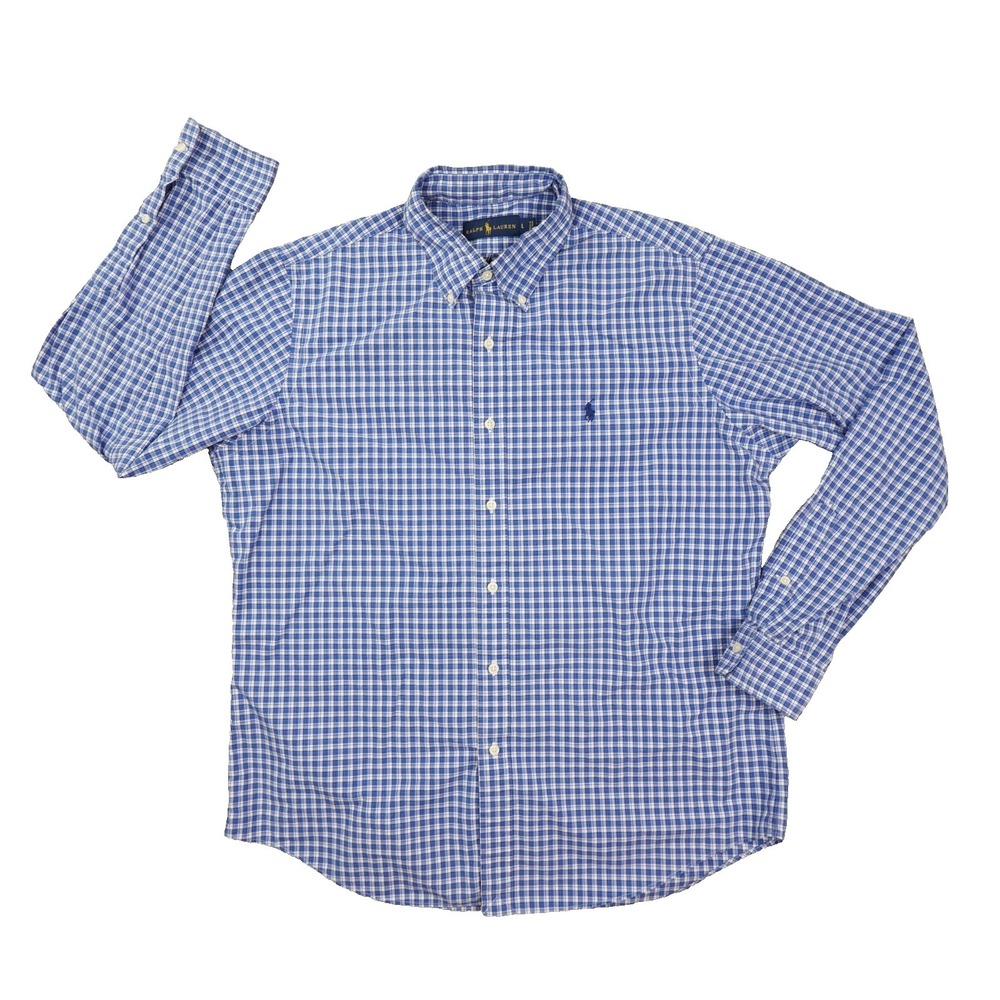 Ralph Lauren Button Up Shirt Men's Large Blue White Plaid Long Sleeve Preppy